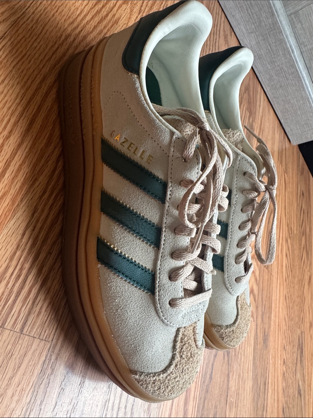 adidas Beige Suede Sneakers with Green Stripes